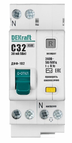 Фото ДИФ-102 1Р+N 32А 30мА AC 4,5кА (16006DEK)