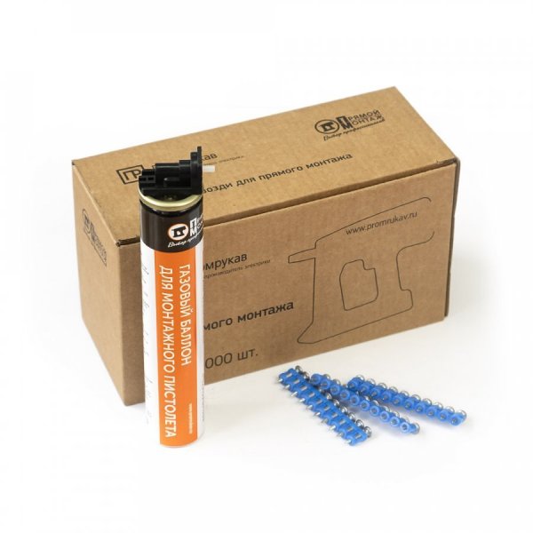 Фото Комплект газовый баллон 165 мм и гвозди для прямого монтажа 3х32 мм (усиленные) (1000 шт) (Промрукав) (PR08.22655)