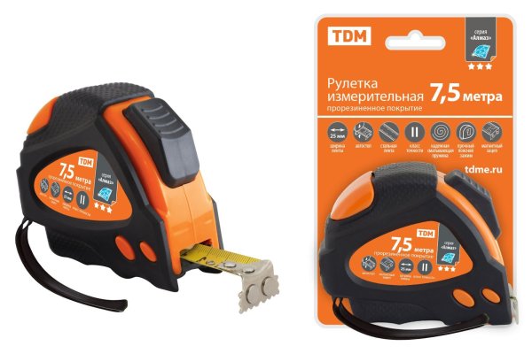 Фото Рулетка 7,5мх25мм, тройная фиксация, автостоп, обрезиненный корпус, магнит "Алмаз" TDM (SQ1018-0111)