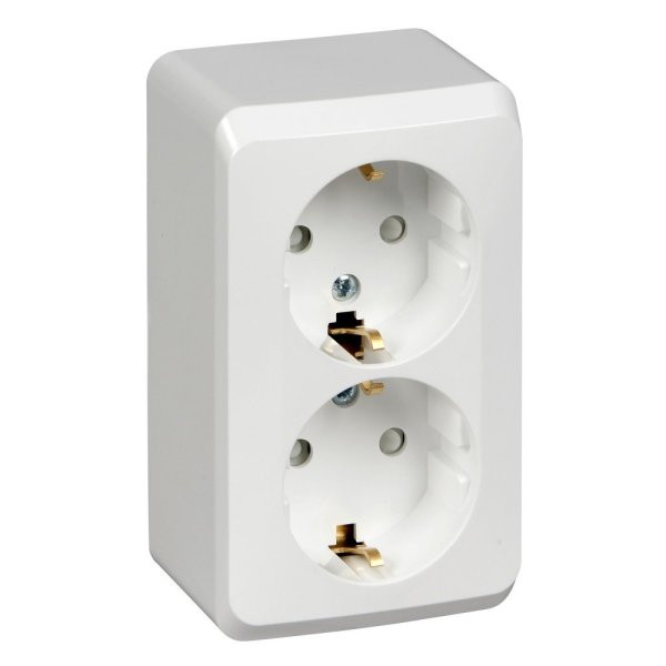 Фото Этюд розетка 2-местная с заземлением со шторками, открытой установки, белая (PA16-008B)