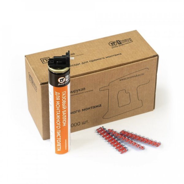 Фото Комплект газовый баллон 165 мм и гвозди для прямого монтажа 3х22 мм (кованые) (1000 шт) (Промрукав) (PR08.22651)