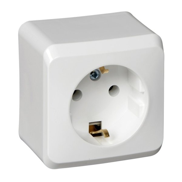 Фото Этюд розетка 1-местная с заземлением без шторок, открытой установки, белая (PA16-003B)