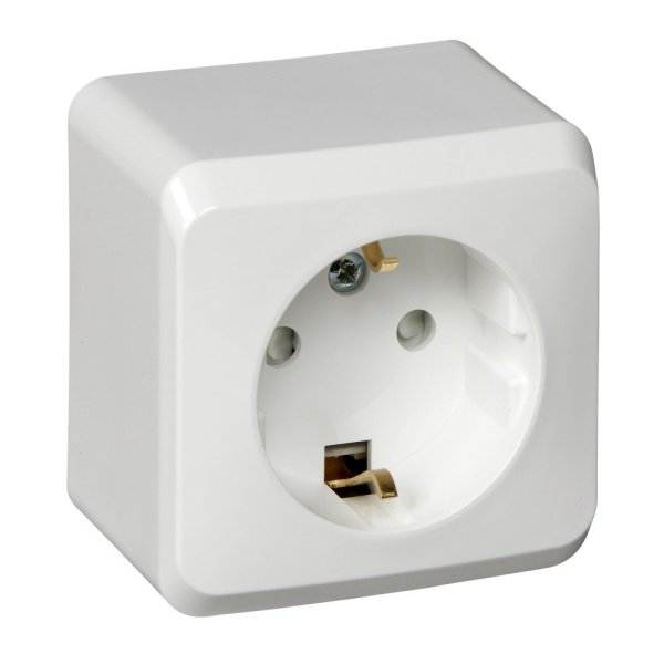 Фото Этюд розетка 1-местная с заземлением со шторками, открытой установки, белая (PA16-004B)