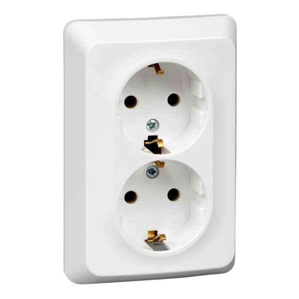 Фото Этюд розетка 2-местная, в сборе, с заземлением без шторок, скрытой установки, белый (PC16-107B)