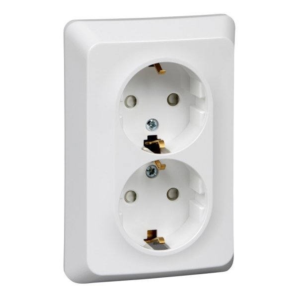 Фото Этюд розетка 2-местная, в сборе, с заземлением со шторками, скрытой установки, белый (PC16-108B)