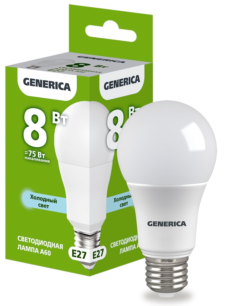 Фото Лампа светодиодная A60 груша 8Вт 230В 6500К E27 GENERICA (LL-A60-08-230-65-E27-G)