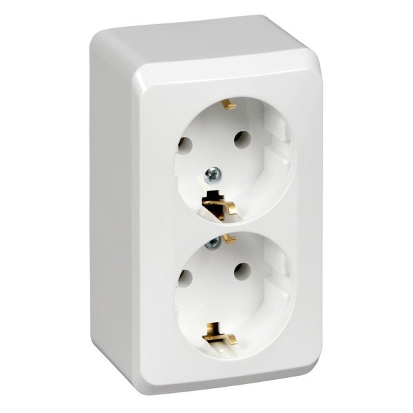 Фото Этюд розетка 2-местная с заземлением без шторок, открытой установки, белая (PA16-007B)