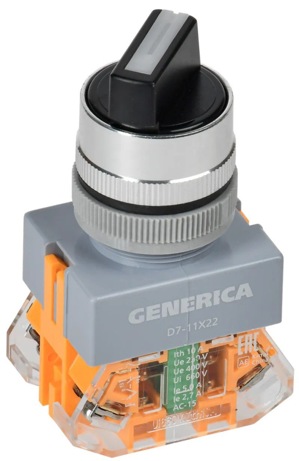 Фото Переключатель D7-11х22 на 2 положения 1NC+1NO с самовозвратом черный GENERICA (BSW50-11х22-3-22-2-K02-G)