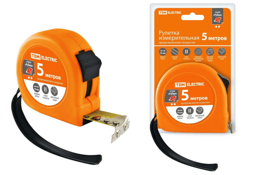 Фото Рулетка 5м, стальная лента, ширина 19мм, прорезиненное покрытие, магнит "Рубин" TDM (SQ1018-0106)