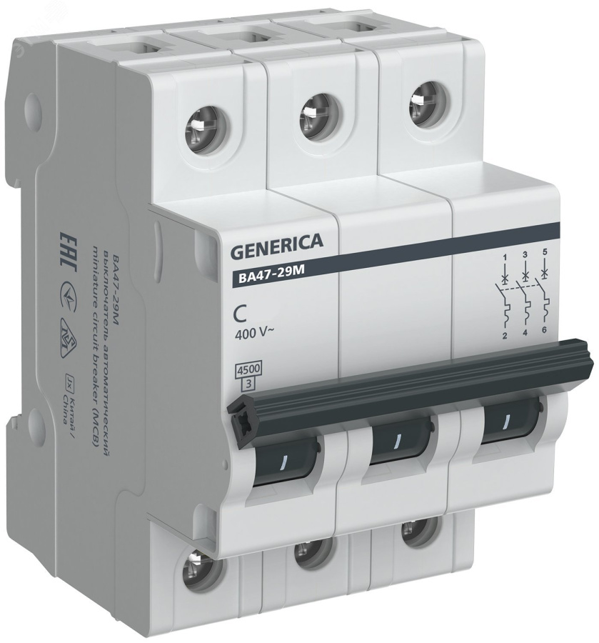 Фото GENERICA ВА47-29М 3P 2А 4,5кА C (MVA21-3-002-C-G)