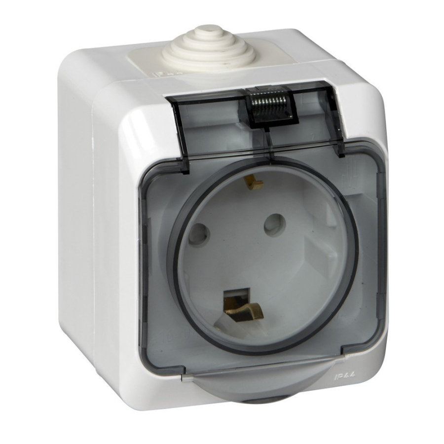Фото Этюд розетка 1-местная с заземлением со шторками с крышкой, открытой установки, IP44, белая (PA16-044B)