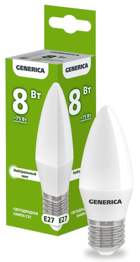 Фото Лампа светодиодная C35 свеча 8Вт 230В 4000К E27 GENERICA (LL-C35-08-230-40-E27-G)