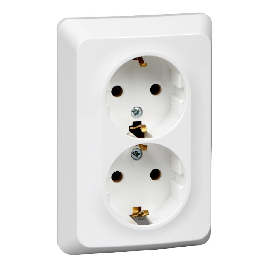Фото Этюд розетка 2-местная, в сборе, с заземлением без шторок, скрытой установки, белый (PC16-107B)