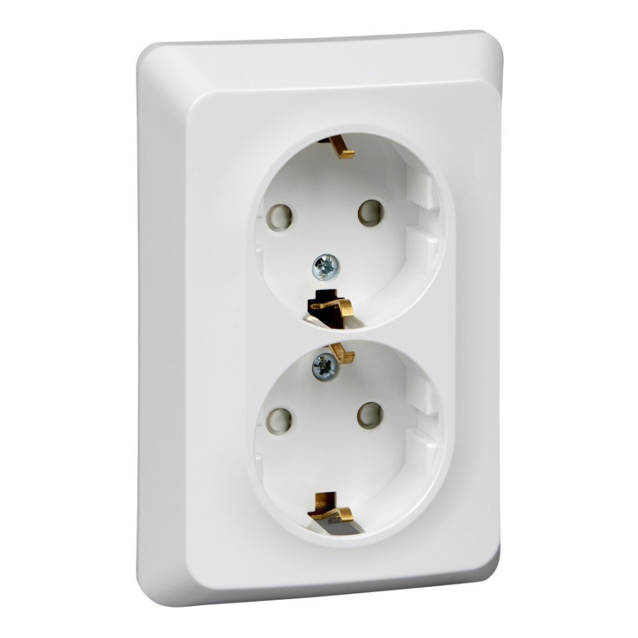 Фото Этюд розетка 2-местная, в сборе, с заземлением со шторками, скрытой установки, белый (PC16-108B)