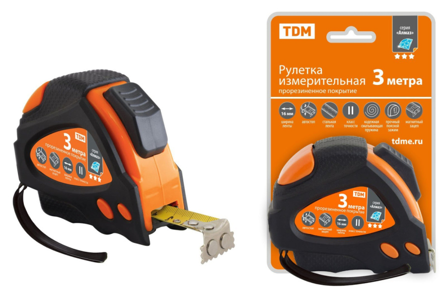 Фото Рулетка 3мх16мм, тройная фиксация, автостоп, обрезиненный корпус, магнит "Алмаз" TDM (SQ1018-0109)