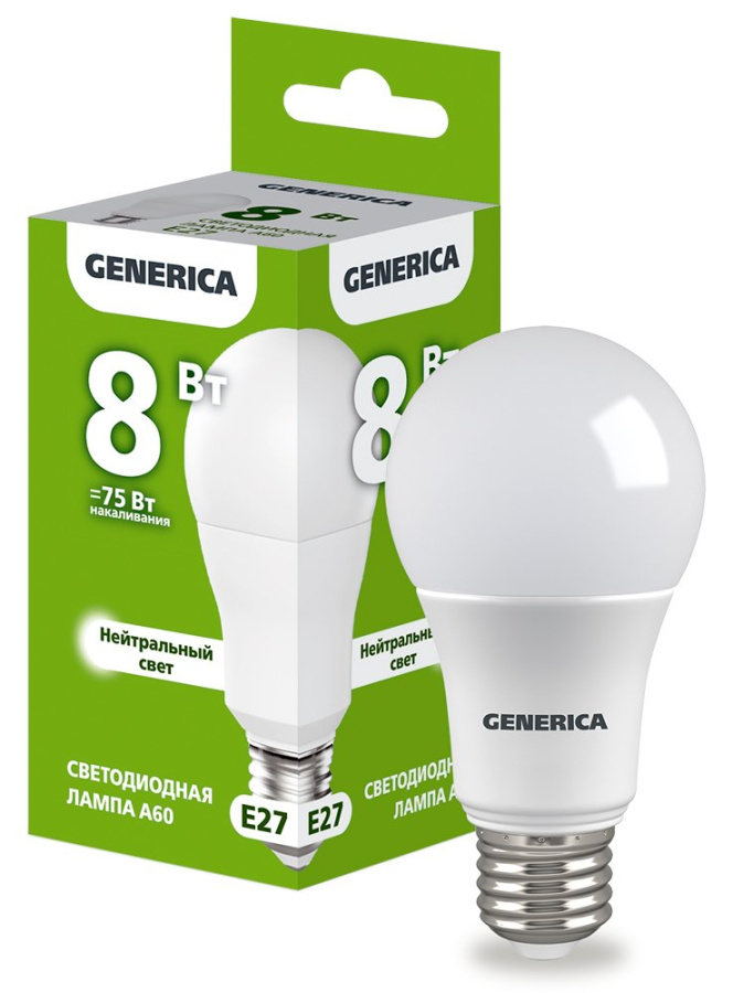 Фото Лампа светодиодная A60 груша 8Вт 230В 4000К E27 GENERICA (LL-A60-08-230-40-E27-G)