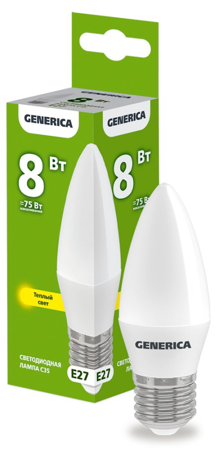 Фото Лампа светодиодная C35 свеча 8Вт 230В 3000К E27 GENERICA (LL-C35-08-230-30-E27-G)