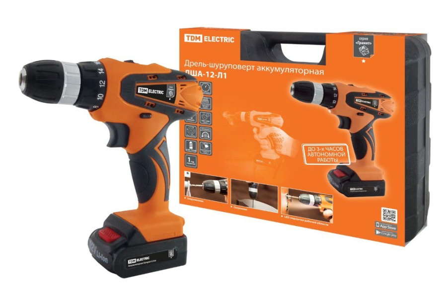 Фото ДША-12-Л1 12В, 1,3А*ч Li-Ion, 22Нм, 0-1350 об/мин, кейс "Гранит" TDM (SQ1030-0201)