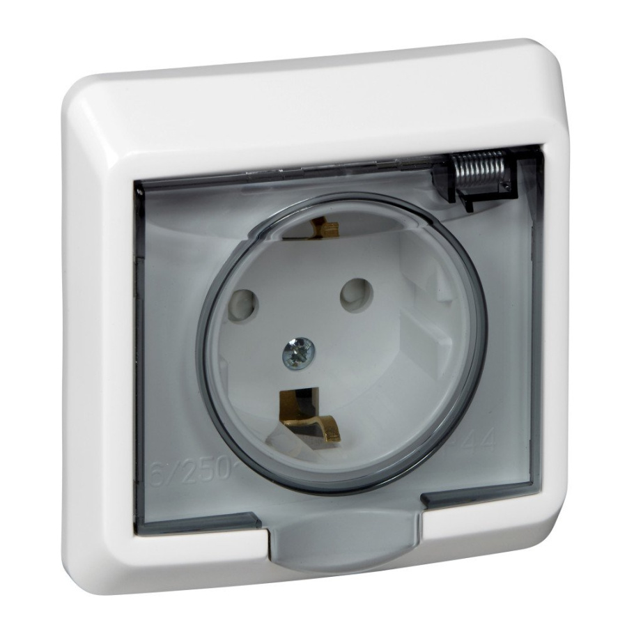 Фото Этюд розетка 1-местная, в сборе, с заземлением со шторками с крышкой, скрытой установки, IP44, белый (PC16-044B)