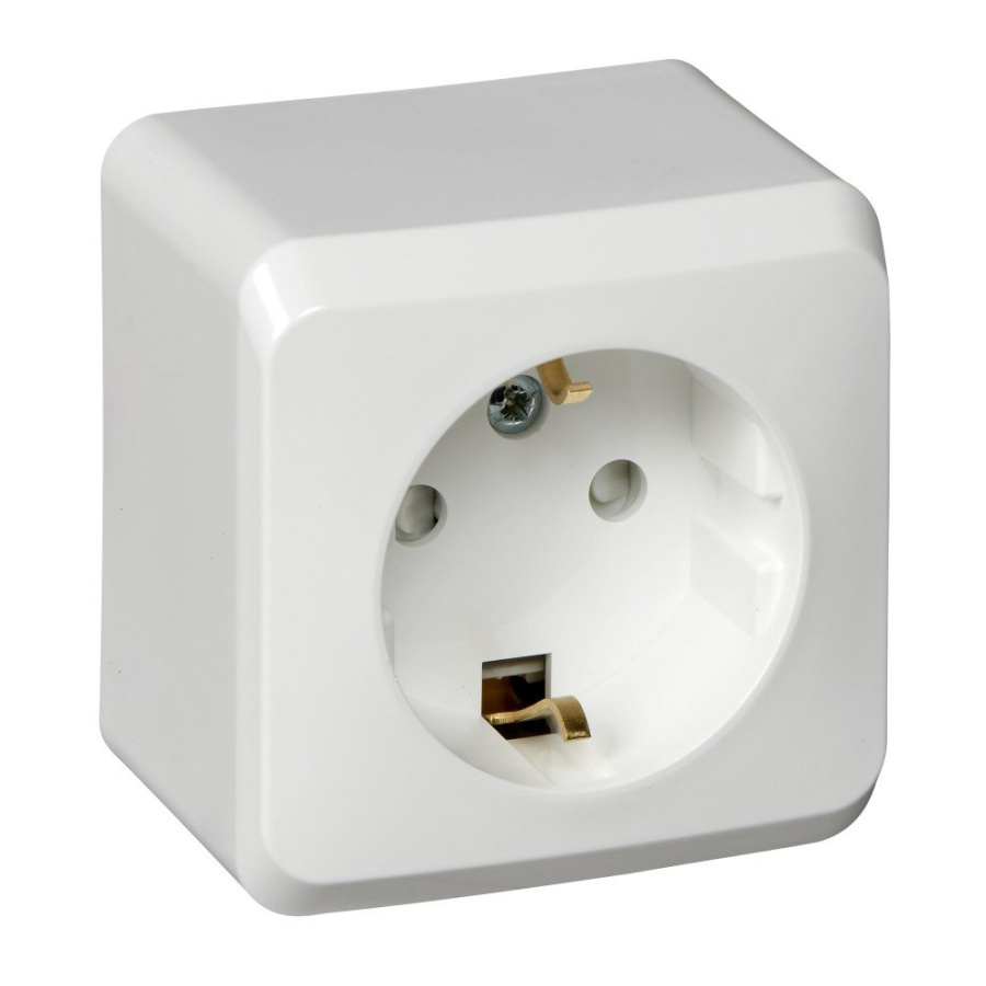 Фото Этюд розетка 1-местная с заземлением со шторками, открытой установки, белая (PA16-004B)