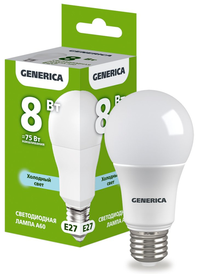 Фото Лампа светодиодная A60 груша 8Вт 230В 6500К E27 GENERICA (LL-A60-08-230-65-E27-G)